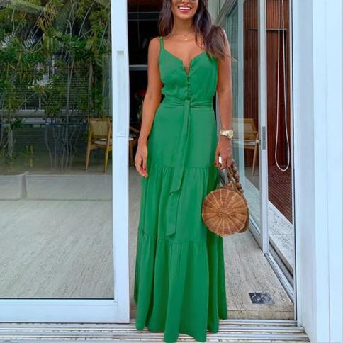 Verão verde túnica maxi vestido com decote em v robe femme cinto elegante babados festa vestidos longos cinta de espaguete vesti