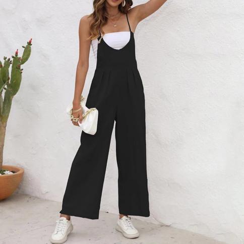 One Piece Jumpsuit For Women Clothing 2024 Summer Slim Fit Casual Solid Overalls Bodysuits Oversized Wide Leg Pants Fema
