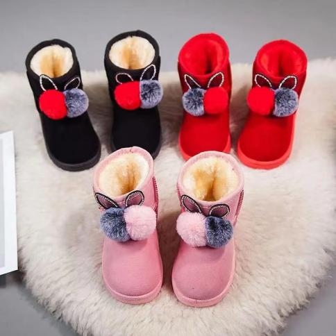 Botas con bolas de pelo para niñas pequeñas, botas de invierno peludas, zapatos cálidos de piel, gran oferta, botas de nieve par