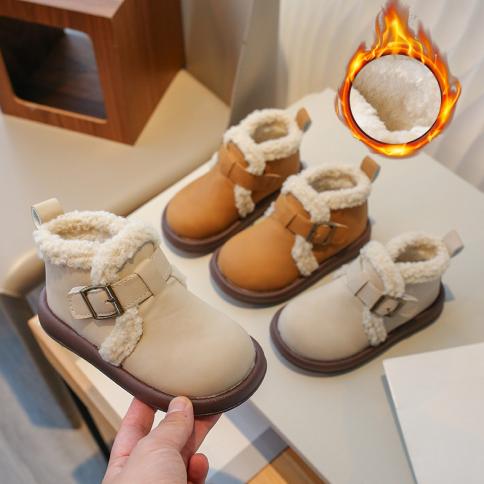Botas de nieve de suela gruesa para niños, botas cortas de diseñador a la moda para niñas, zapatos planos de tacón de piel para 