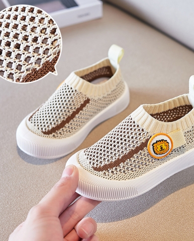 Summer Pink And Khaki Fresh Childrens Casual Hollowed-out Breathable Fly-knit Slip-on Sneakers