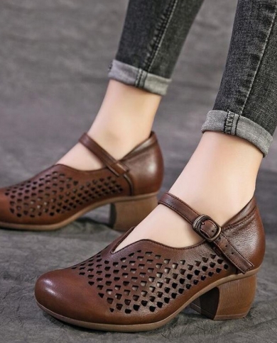 Fashion Party Women Pumps 2022 Autumn Med Heels Single Shoes Genuine Leather Handmade Retro Mother Pumps Woman Hollow Sa