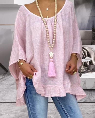 M 4xl Fall Backless Blouse Ruffled Hem Three Quarter Sleeves Crew Neck Batwing Sleeve Loose Plus Size Solid Color Women 