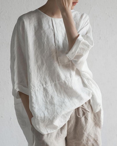Cotton Linen Women Blouse O Neck Mid Length Back Split Hem Summer Shirt Solid Color Half Sleeve Pullover Blouse Female C