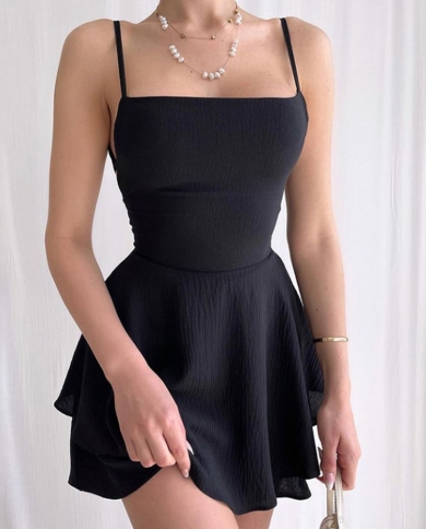 Solid Color Summer Playsuit Dress Women Spaghetti Strap Backless Tie Up Ruffle Short Dress Casual Vintage Dresses Female