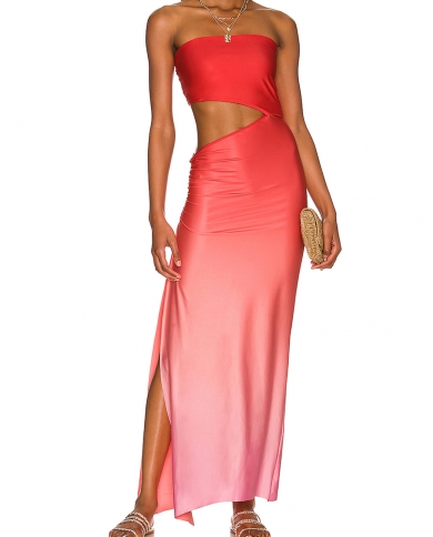 Gradient Color Strapless Long Dress Women Sleeveless Ruched Cut Out Slit Dress Party Club  Elegant Summer Dresses Female