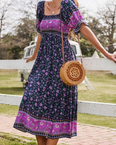 Vintage Floral Long Dress Women Puff Short Sleeve Square Neck Ruffle Pleated Dress Bohemian Casual Summer Dresses Female