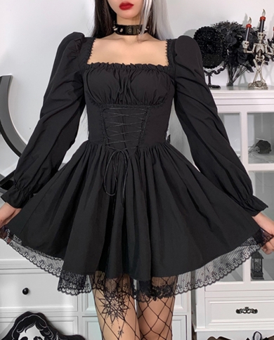  New Lolita Corset Dress Women Puff Long Sleeve Square Neck Tie Up Lace A Line Dress Autumn  Vintage Dresses Femaledress