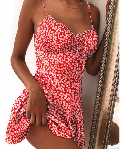 Vestido feminino com alça de espaguete decote em v floral mini vestido de verão feminino sem mangas casual vestidos de praia boê