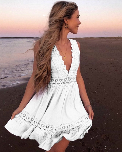 Vestido Branco Verão Boêmio Feminino Sem Manga Decote V Profundo Renda Babado Vestidos Casuais Vestidos de Praia Vestidos Femini