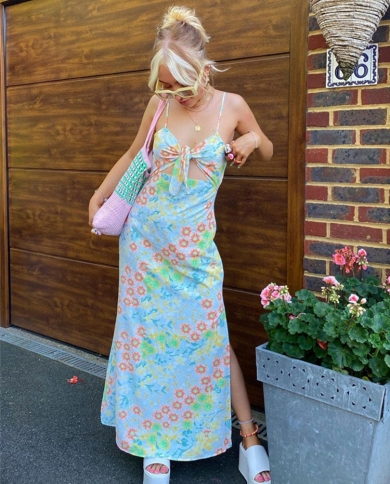 Vestido maxi floral boêmio feminino alça de espaguete decote em v cortado vestido de verão vestidos elegantes femininos