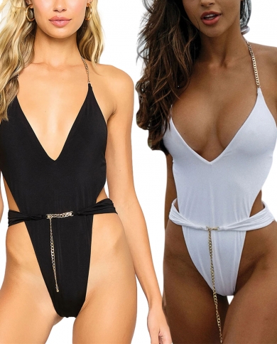 Female Bathing Suit Solid Deep V Neck Sleeveless Swimwear With Chain Strap Summer Bikinis Romper Blackwhite Bodysuit S