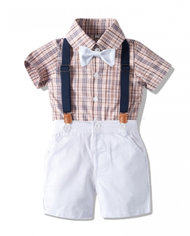 Kids Boys Clothes For 1 6 Years Toddler Suit Summer Plaid Shirt  Three Colors Shorts  Suspender Bow Tie Fashion Cotton