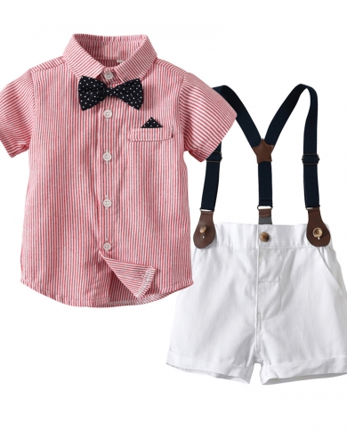 Kids Boys Clothes Summer Pink Striped Shirt White  Khaki Suspenders Single Breasted Soft Cotton Gentleman Toddler Boys 