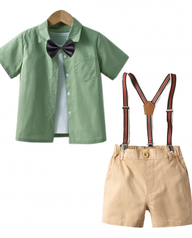 Summer Green Short Sleeve Shirt Boys Leisure Clothes Soft Cotton For Solid Top  Shorts Kids Handsome Daily Wear 2 3 4 5
