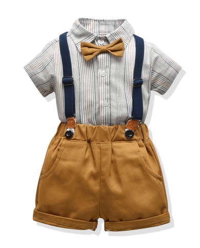Childrens Clothing For Boy Summer 4 Pieces Birthday Gentleman Outfits Kids Striped T Shirts With Suspender Formal Cotto