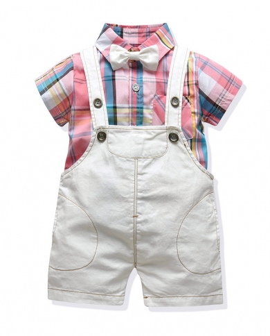 Toddler Baby Boys Clothes Infant Kids Short Sleeve Sets New Fashion Plaid Shirt Overalls 3 Pcs Children Costume Party Dr