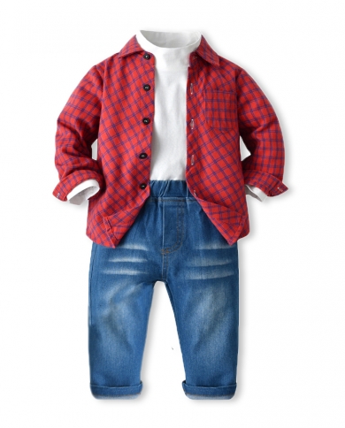 1 To 6 Years Boy Set Autumn Cotton Red Plaid Shirt  White T Shirt  Jeans Kids Clothes Infant Toddler Children Holiday 