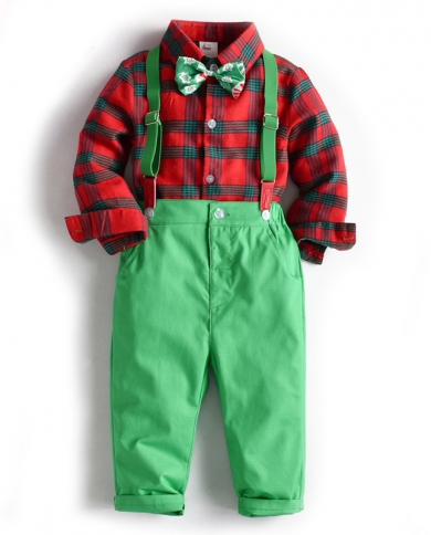 Long Sleeve Formal Suits For Small Kids Toddler Clothes Plaid Shirt  Pant  Strap 3 Pcsset Infant Children Christmas C