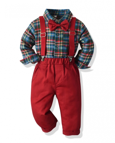Autumn Formal Suit For Boy Kids Clothes Multi Color Plaid Shirt  Red Pant  Strap 3 Pcsset Infant Children Christmas C