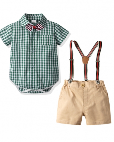 Green Plaid Romper For Baby Boys Summer Gentleman Boutique Set Lapel Jumpsuit  Khaki Shorts suspender Suit Toddler Cot