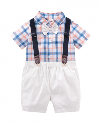 Boys Birthday Clothes Summer Plaid Lapel T Shirt With Suspender Kids Boutique Set Toddler Gentleman Anniversary Cotton O