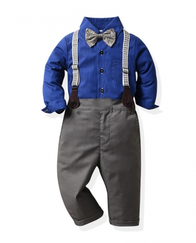1 7 Years Boys Clothes Kids Gentleman Wedding Costume Blue Shirt Grey Pants With Suspender Bow Children Springfall Cott