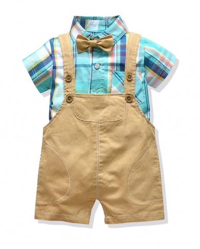 1 4 Years Kids Clothes For Baby Boys Plaid Shirt  Khaki Jumpsuit Fashion Summer Children Outfit Littler Boy Party Weddi