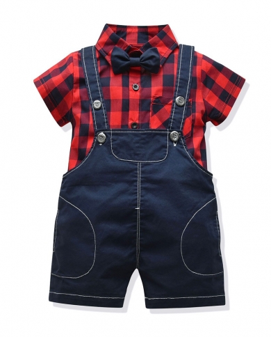 Baby Infant Boys Clothes Cotton Short Sleeve Shirt Sets New Childrens Gentleman Plaid Shirt Strap Shorts Toddler Boy Cl