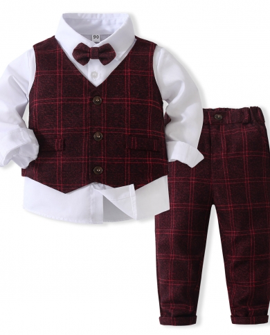 Spring  Autumn Clothes For Boys Plaid Red Vest Pants With Solid Shirt Kids Boutique Anniversary Outfits 1 2 3 4 5 Years