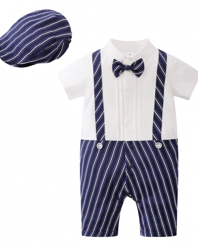 Panelled Striped Romper For Baby Boys Summer Gentleman Handsome Suit Tonal Bow Tie And Hat Newborn Formal Anniversary Pa