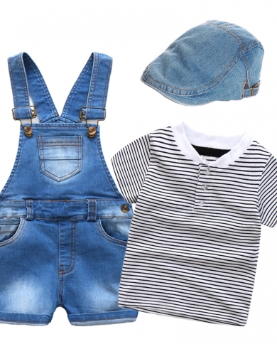 Infant Boy Denim Clothes Summer Boys Cowboy Hat  Striped Top  Bib Jeans  Short Fashion Children Outfitsclothing Sets