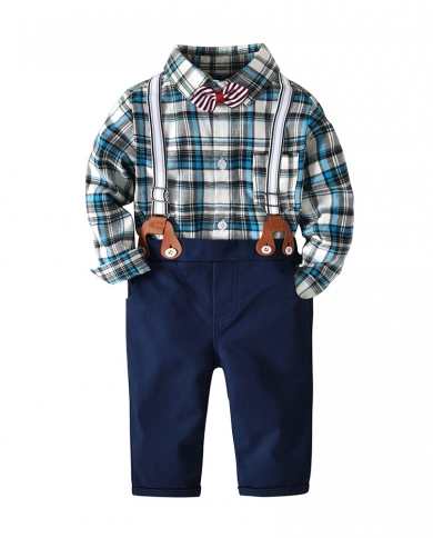Spring Autumn Full Clothes Little Year Baby Set Plaid Romper  Pants  Belt 4 Pieces Party Birthday Kid Gentleman Costum