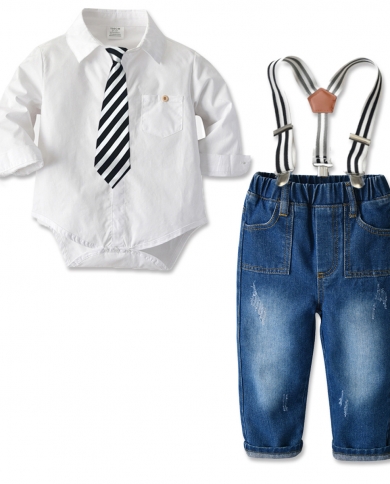 Autumn White Romper Suit For Baby Boy Clothes Denim Pants With Belt 4 Pcsset Infant Newborn Outfit With Black White Tie