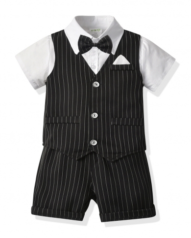1 6 Years Boys Summer Clothing Kids Gentleman Dress Striped Vest Shorts  Shirt With Bow Children Formal Birthday Black 