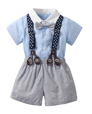 0 24m Summer Boys Gentleman Suit Infant Kids Short Sleeve Bow Tie Shirt  Star Suspender Shorts Formal Baby Boy Birthday