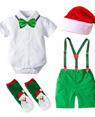 New Toddler Boy Christmas Clothing Suit For Baby Newborn Hat  Romper  Green Shorts  Belt  Socks Infant Costume Gifts