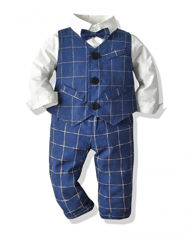 Gentleman Boys Spring  Autumn Birthday Suit Formal Blue Plaid Vest Bow Pants With White Shirt Kids Boys Wedding Party C