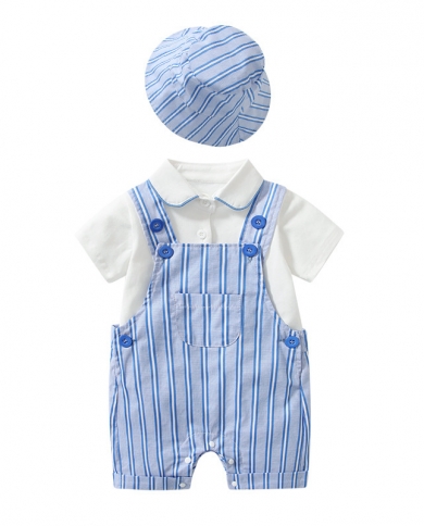 Fashion Baby Summer 3 Pcs Suit 0 24 Months Boys Cute Blue Striped Overalls With Hat Solid T Shirt Children Daily Casual 