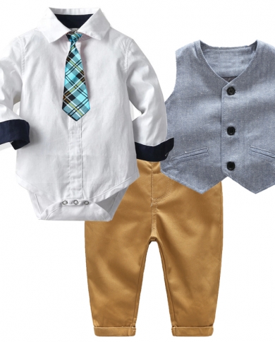 Newborn Baby Clothing Cotton Gentleman Vest Sets Autumn Spring Fashion White Rompers  Pants  Vest Boy Outfits 1 To 3 Y