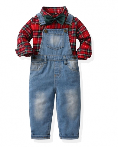 Children Spring Autumn Clothes Long Sleeve Plaid Shirt With Denim Overalls 1 2 3 4 5 6 Years Boys Outfits Leisure Kids W