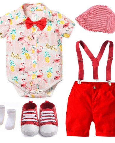 Summer Newborn Clothing Fashion Animal Set Boy Short Sleeve Outfits Hat  Rompers  Bib Pants  Shoes  Socks 6 Pcs 3 To