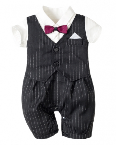 Infant Baby Boys Formal Rompers Jumpsuit For Newborn Short Sleeve Clothes Black Striped Wedding Formal Dress One Piece W