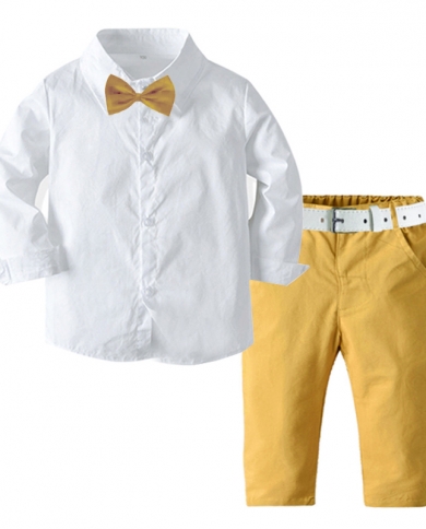 Boy Set Toddler Clothing Autumn Long Sleeve Kids White Shirt Bow  Yellow Pants  White Belt 4 Pieces Children Outfits S