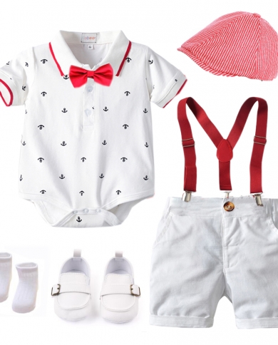Cotton Boys Summer Newborn Clothes Set Birthday Dress White Infant Outfit Hat  Rompers  Bib Shorts  Shoes  Socks 6 P