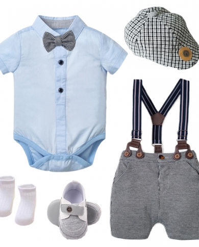 Baby Boy Clothes Newborn Romper Set Plaid Cup  Sky Blue Romper  Shorts  Belt  Shoes Cotton 324 Months Summer Suit Kb