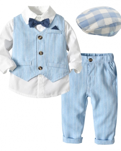 Long Sleeves Boys Clothes Suits Toddler Kids Wedding Formal Party Striped 15 Years Baby Hat Vest Shirt Pants Kids Boy Ou
