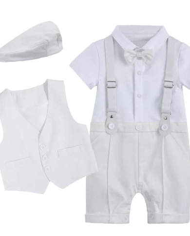 Infant Cotton Summer Baby Gentleman Romper Set Newborn Boys Christening Outfit With Hat Vest Short Sleeve Baby Jumpsuit 