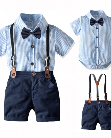 Gentleman Summer 0 24 Months Boys Clothes Newborn Striped T Shirtsuspender Shorts Infant Baby Boy Birthday Formal Wear