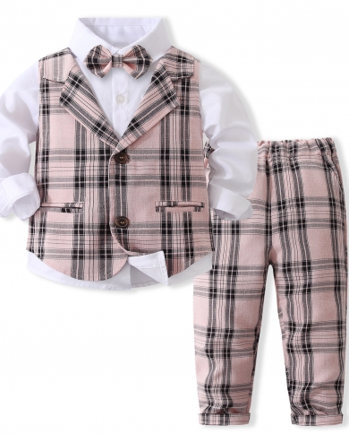 Autumn Vest Boutique Clothing Set For Boys Children Pink Plaid Vest Pants With Classic White Shirt Suits Kids Birthday C